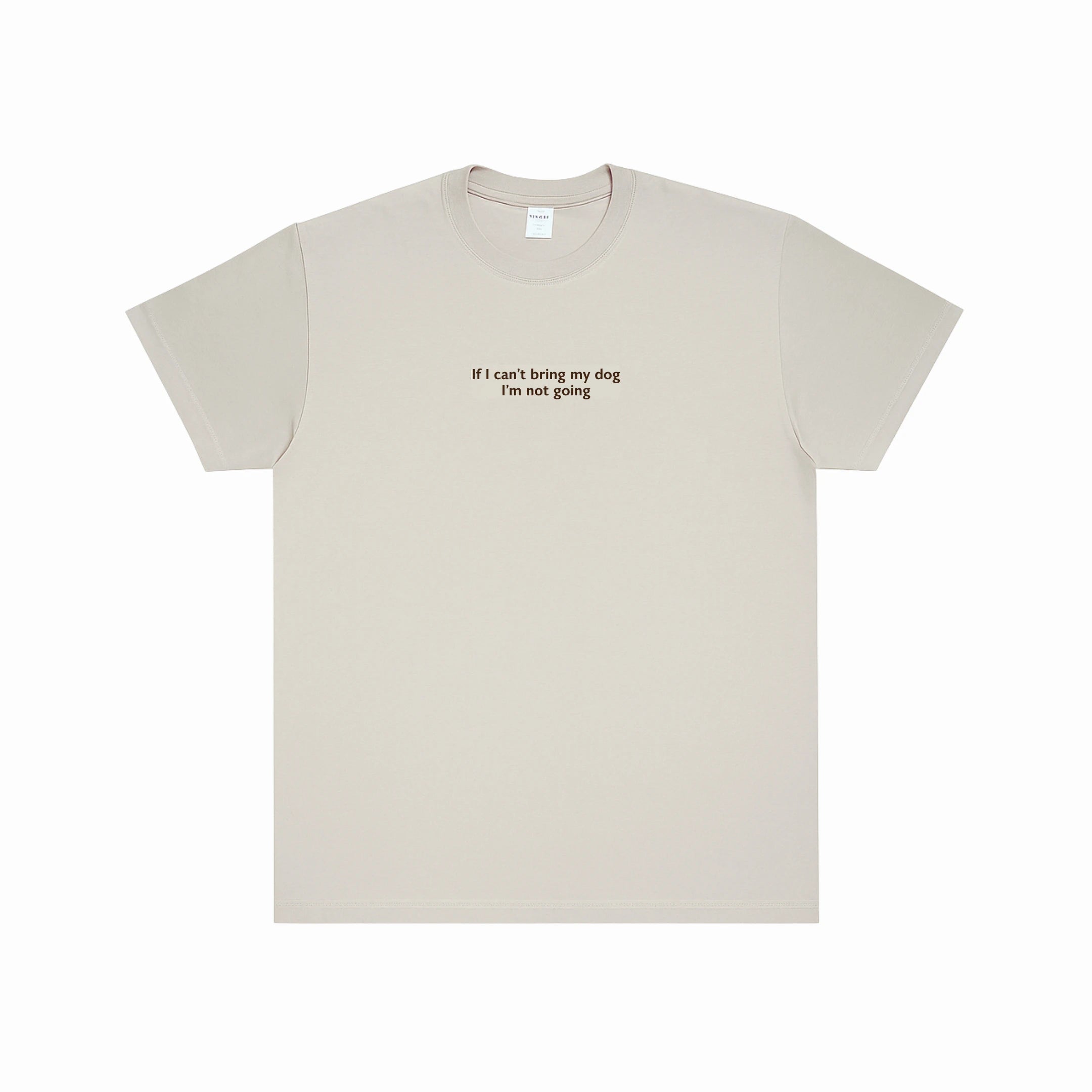 Beige t-shirt with text on a white background