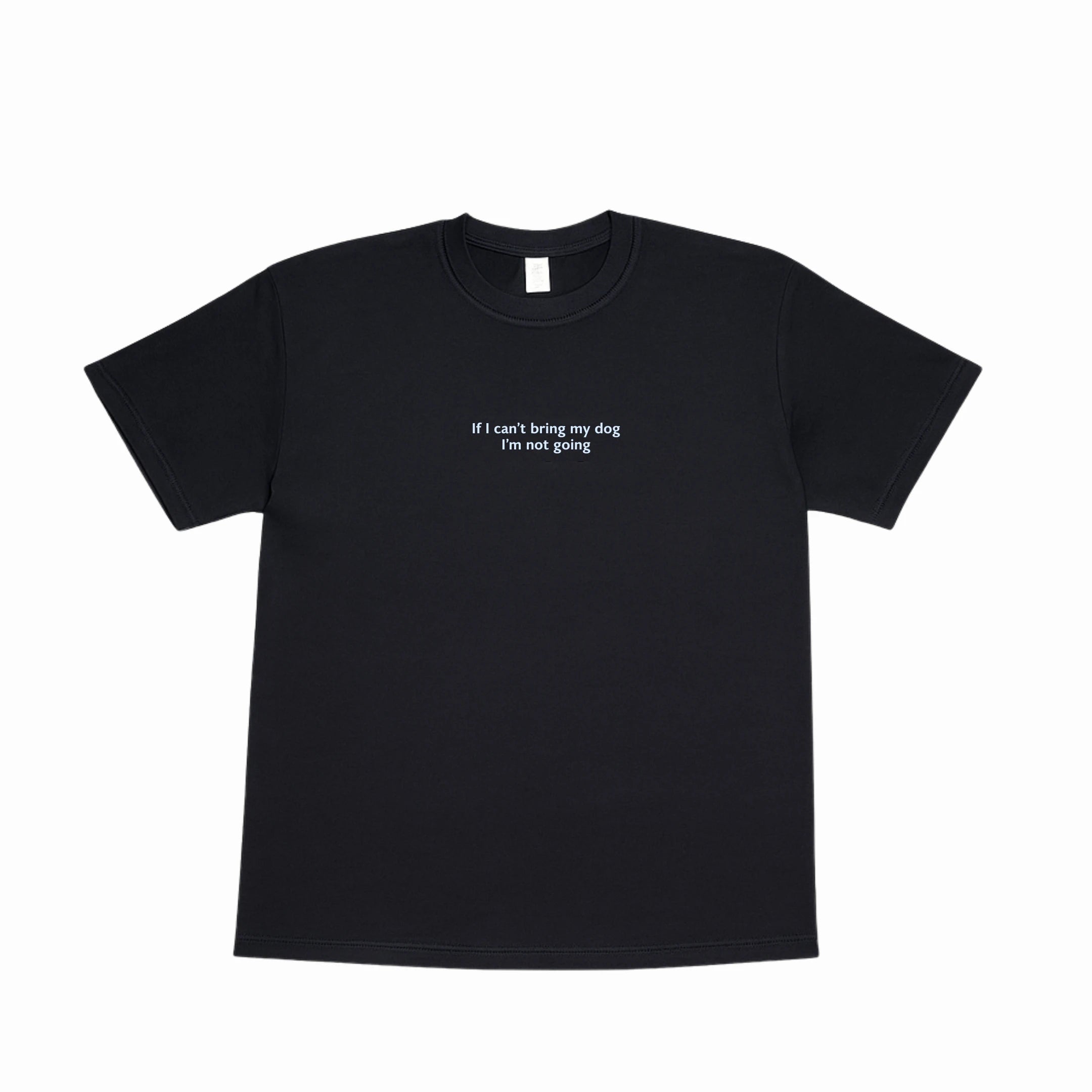 Black t-shirt with white text on a white background