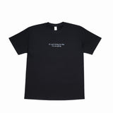 Black t-shirt with white text on a white background
