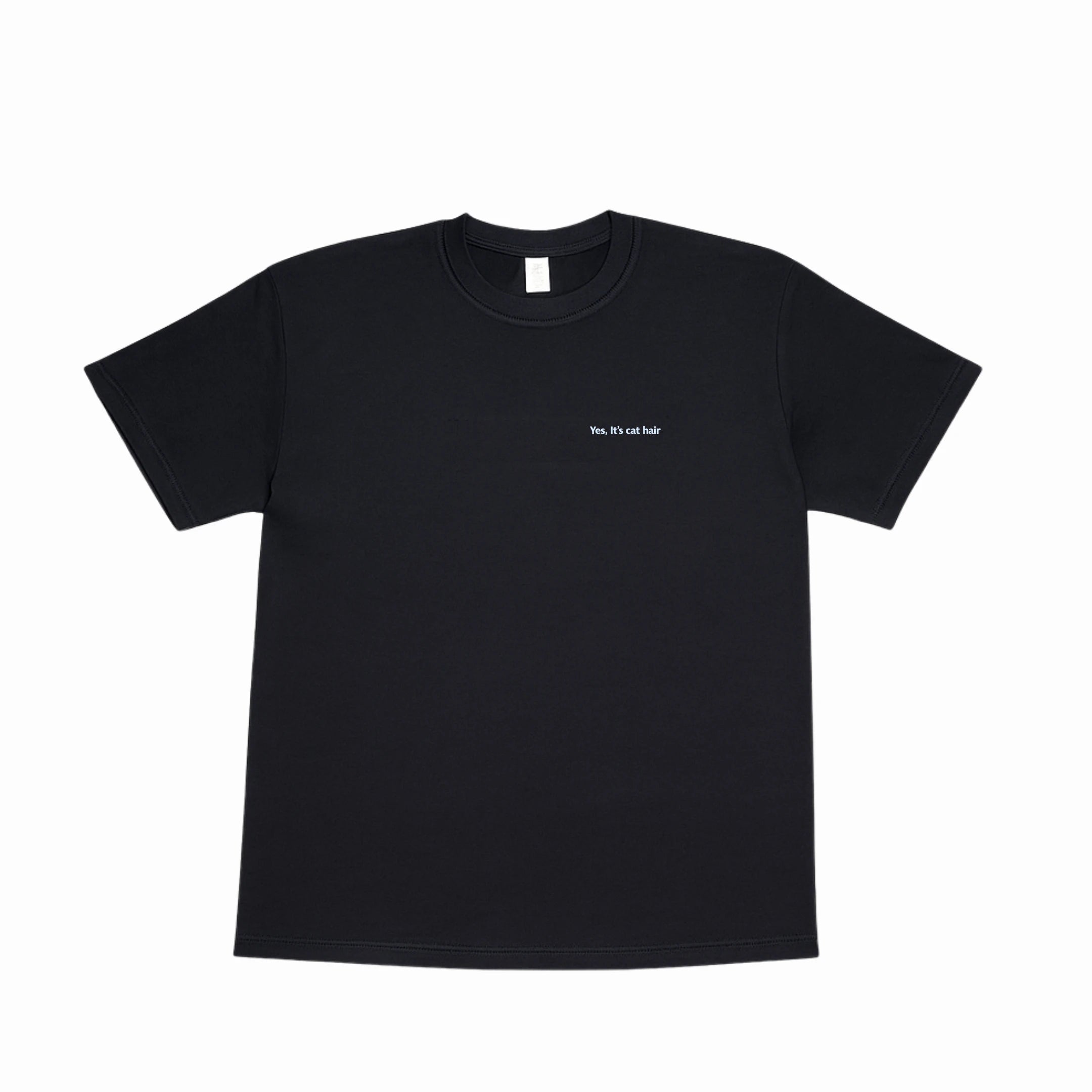 Black t-shirt with white text on a white background