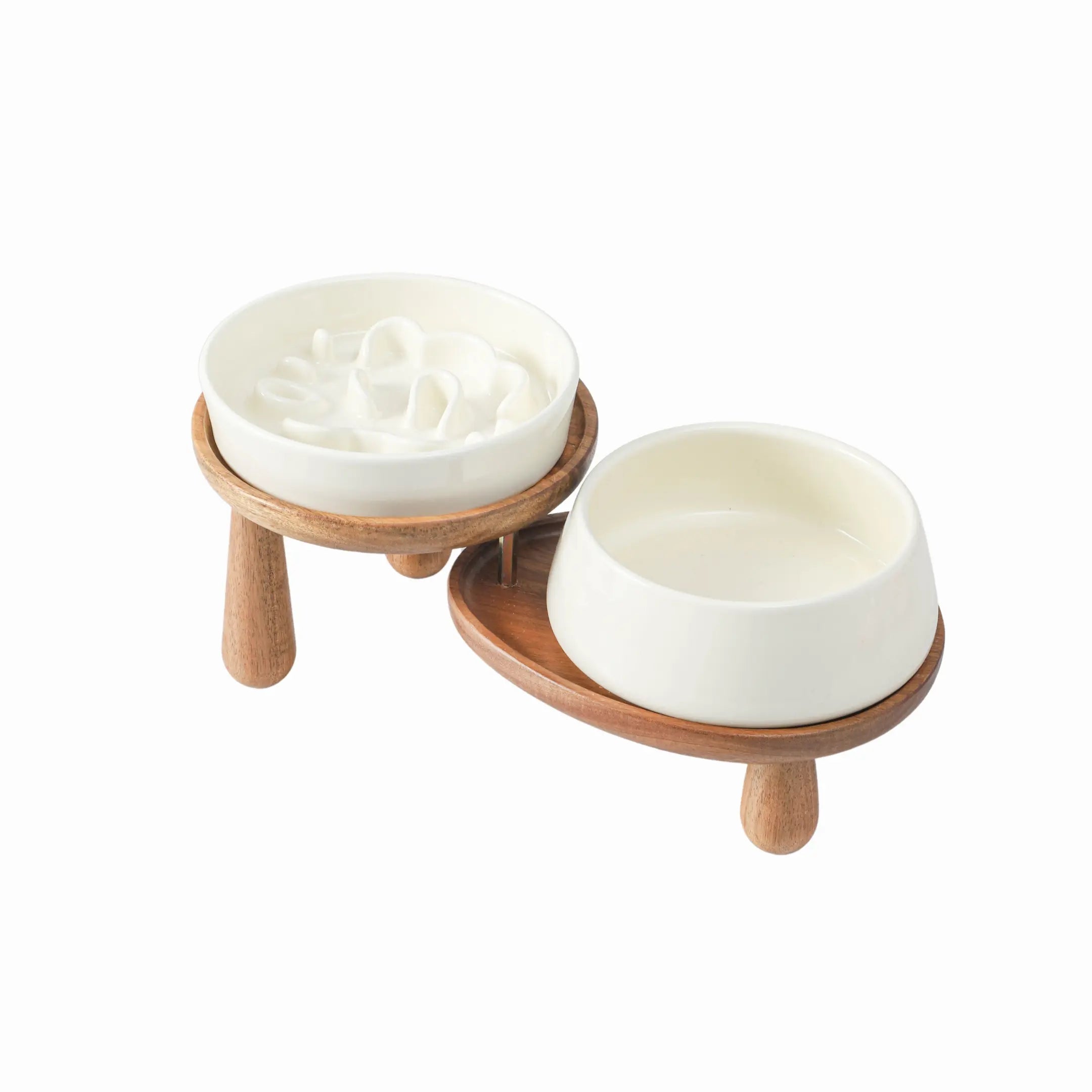 Elevated Ceramic Food & Water Bowl Set with Wooden Stand - YMOAs - Elevated Ceramic Food & Water Bowl Set with Wooden Stand