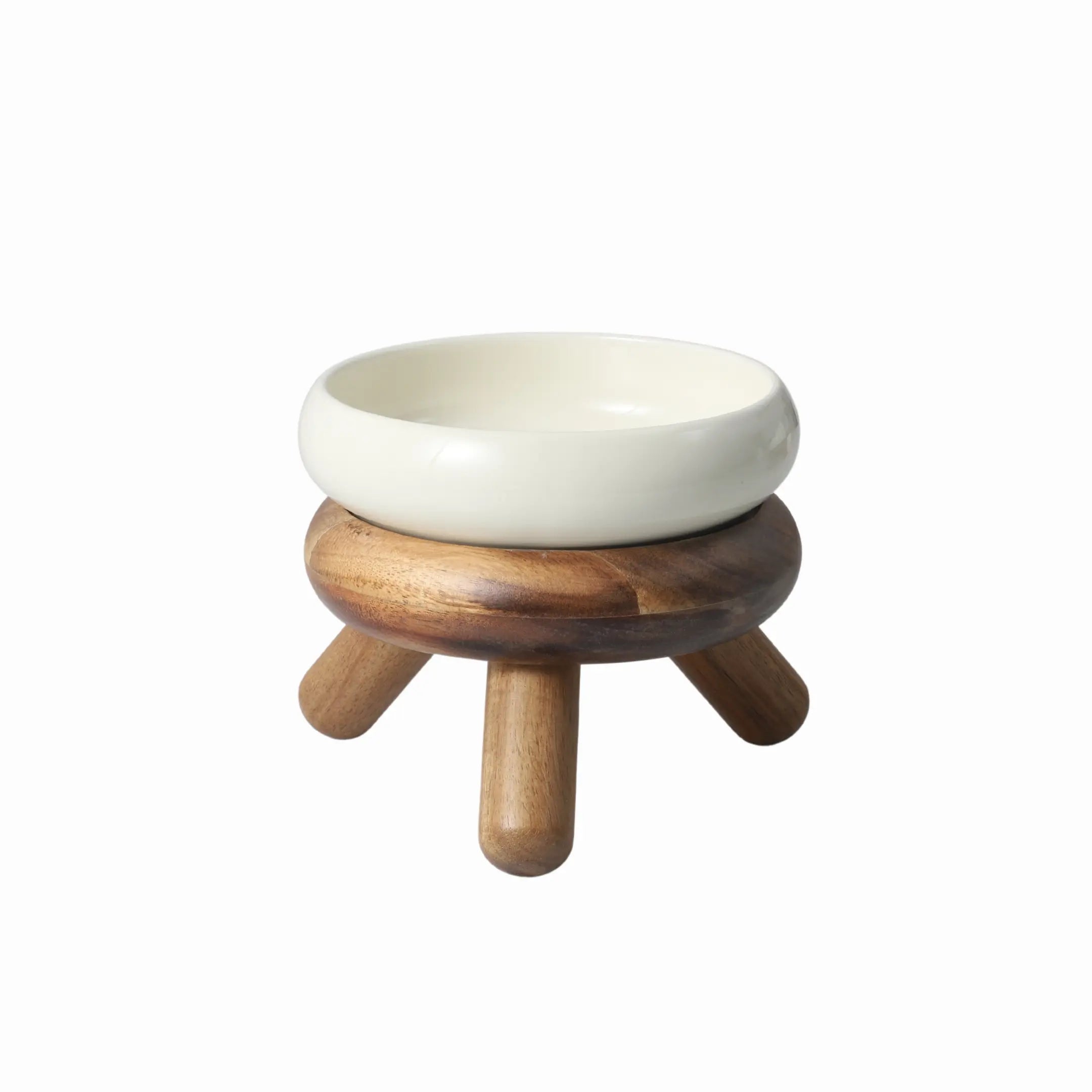 Round Ceramic Pet Bowl with Acacia Wood Stand - YMOAs - Round Ceramic Pet Bowl with Acacia Wood Stand